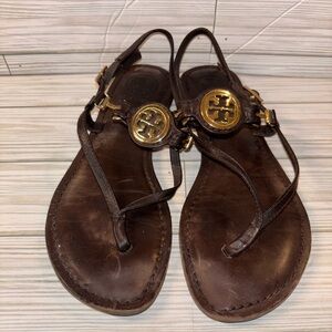 Tory Burch Brown Leather Logo Thong Sandals with Gold Hardware